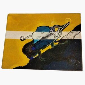Abstract Surrealist Painting Canvas Ram Inspired Lizard Creature OOAK Signed O